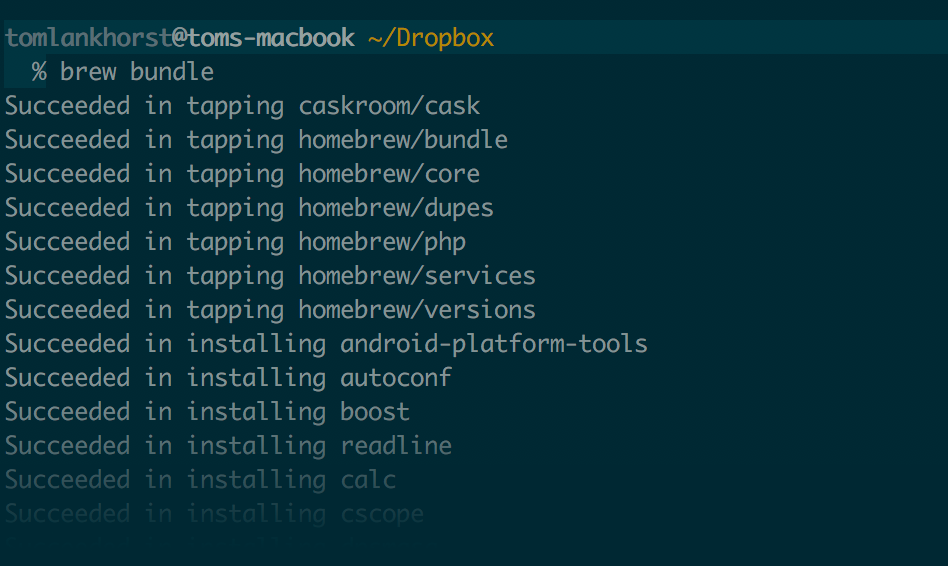 A terminal window with the output of the 'brew bundle' command to restore the Homebrew configuration.